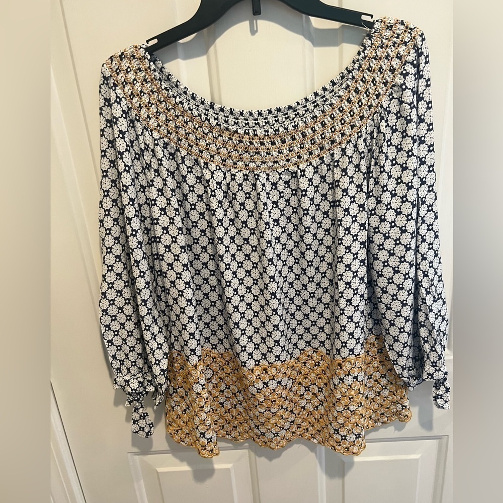 Fever brand top wit navy blue print and mustard color embroidery size S